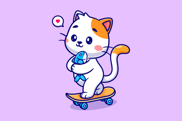 Download Cute Cat Holding Fish on Skateboard - Old Collection