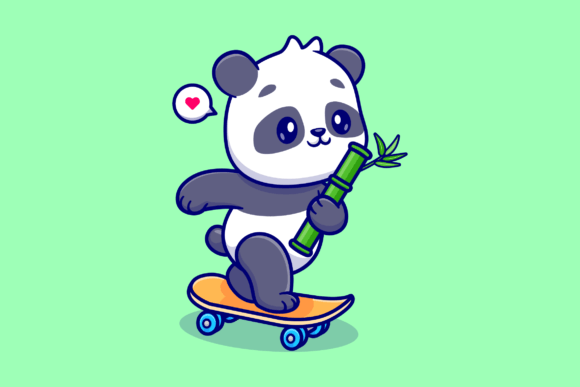 Download Cute Panda Holding Bamboo on Skateboard - Old Collection