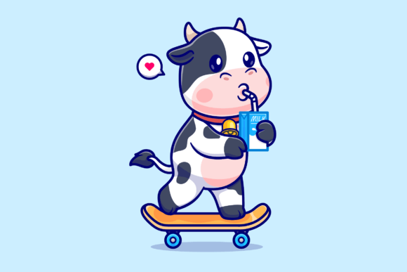 Download Cute Cow Drinking Milk on Skateboard - Boar Collection